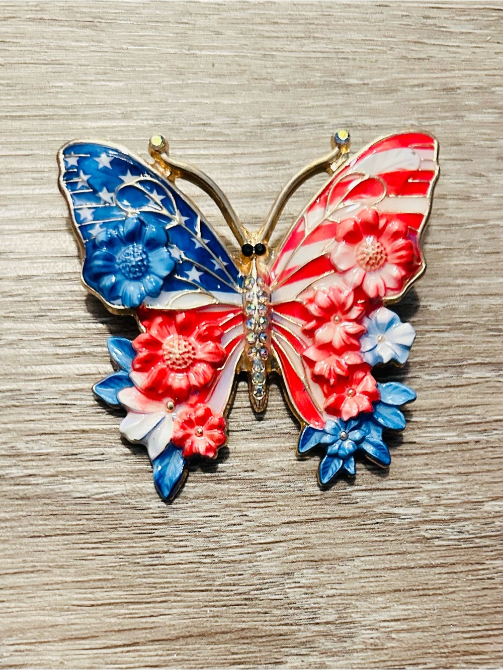 Patriotic Butterfly Floral Brooch - Red White Blue